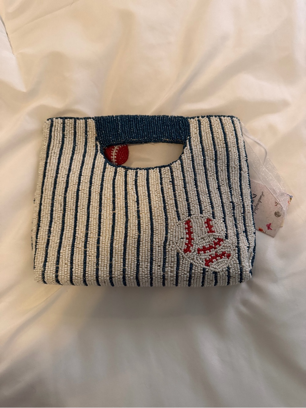 Beaded Baseball Print Crossbody - Blue, Red & Cream with red baseball bag charm - Picture 6 of 8